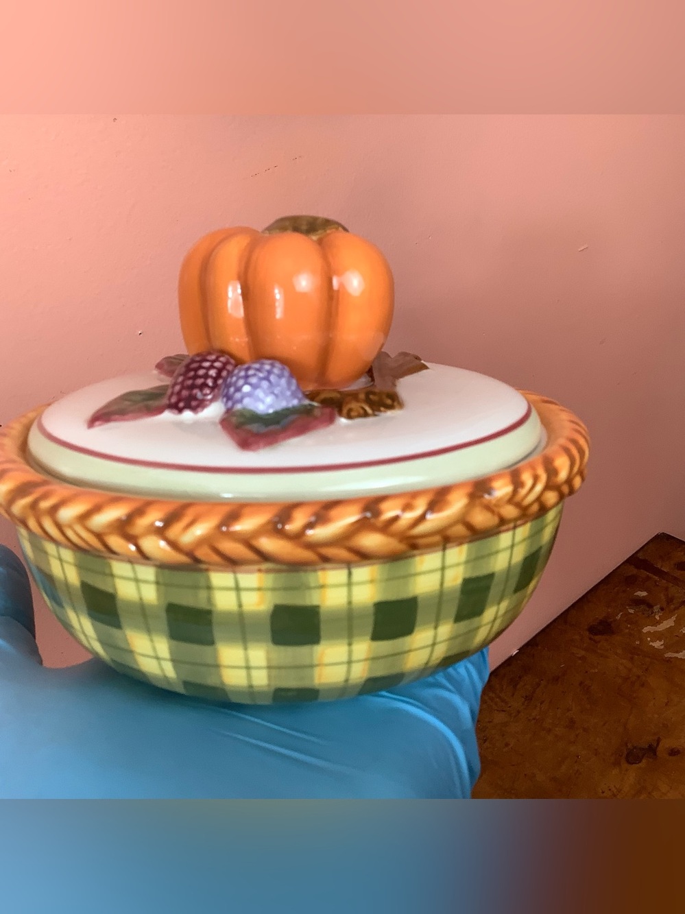 Vintage Ganz Bella Casa Pumpkin Plaid Ceramic Covered Small Dish